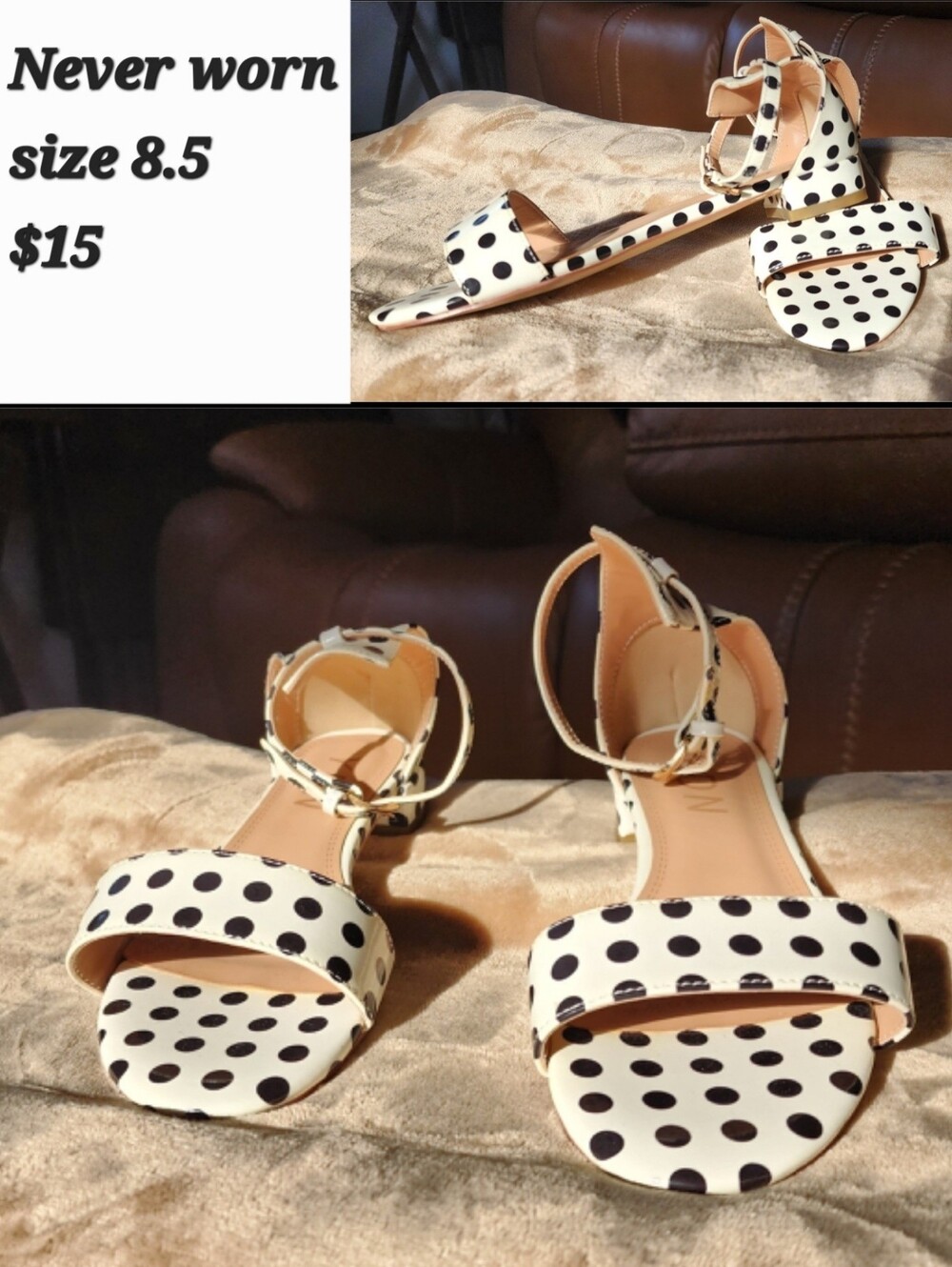 YDN White and Black Polka Dot Ankle Strap Sandals